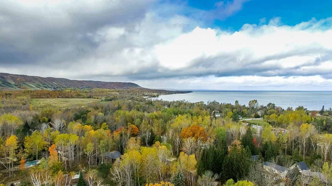 Autumn view of the Escarpment and Georgian Bay with colorful tree foliage